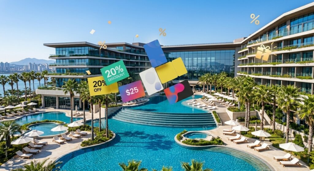 숙소 가격 비교 사이트 최저가 예약 후 호텔 로비 여행 가방